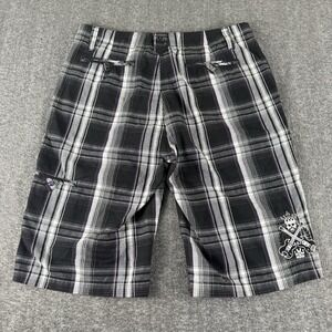 Micros Plaid Cargo Shorts Mens Sz 32 Black Gray Purple Y2K Punk Emo Skull Guitar